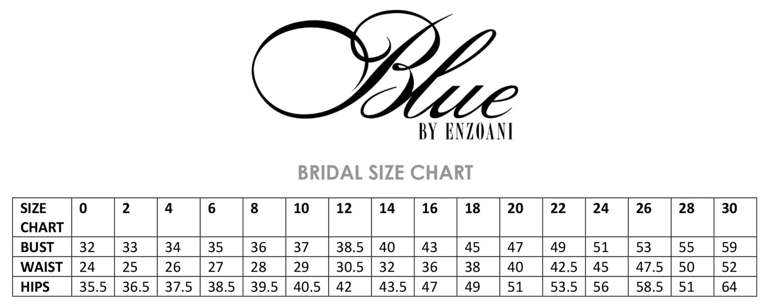 blue by enzuani bridal size chart