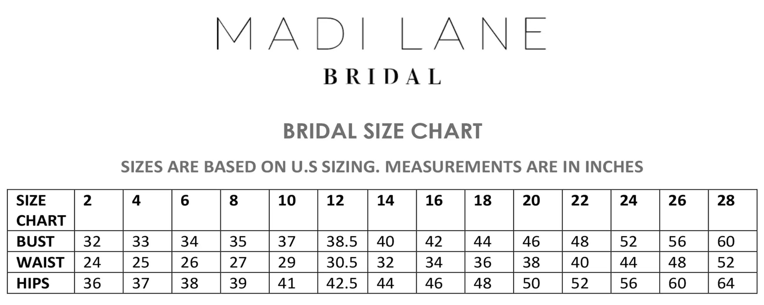 madi lane bridal size chart